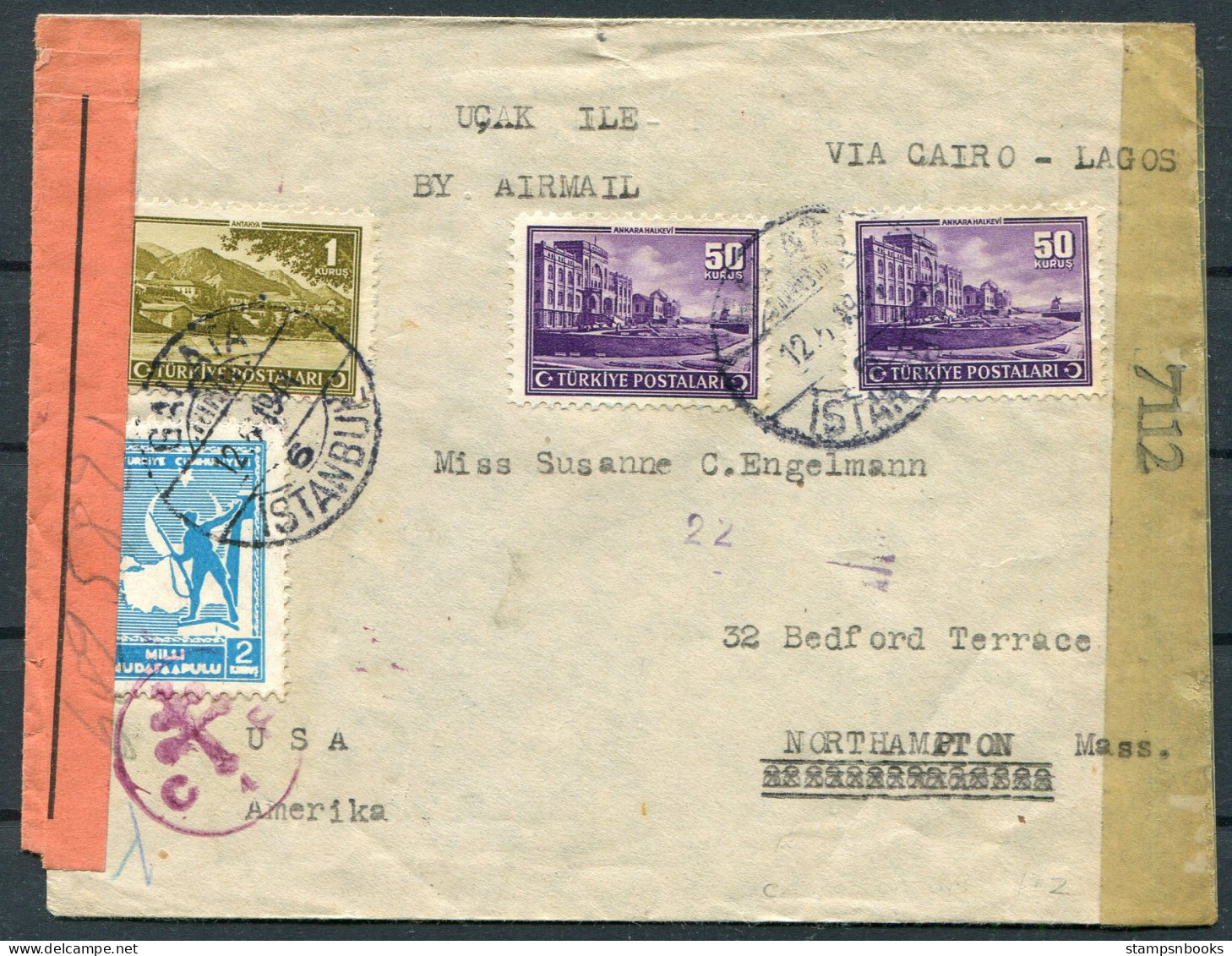 1944 Turkey Istanbul Bebek Airmail Censor Cover Engelmann - Northampton Mass. USA Via Cairo / Lagos - Lettres & Documents