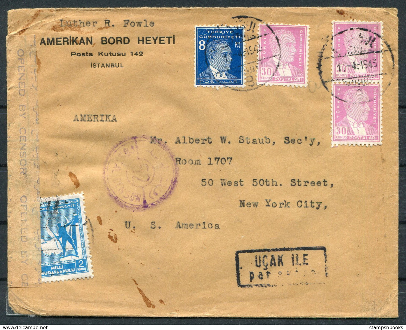 1943 Turkey Airmail Cover, Luther R Fowle, Amerikan Bord Heyeti Istanbul Mission Censor Cover - New York, USA - Brieven En Documenten