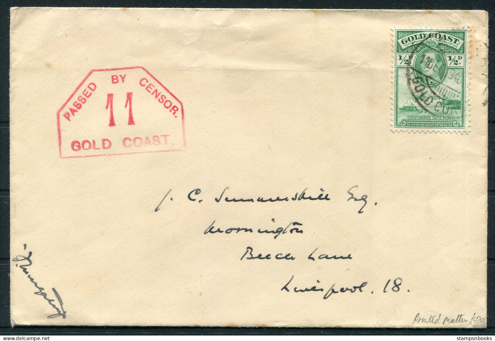 1940 Gold Coast, Civil Censor 11 Cover - Liverpool England - Gold Coast (...-1957)