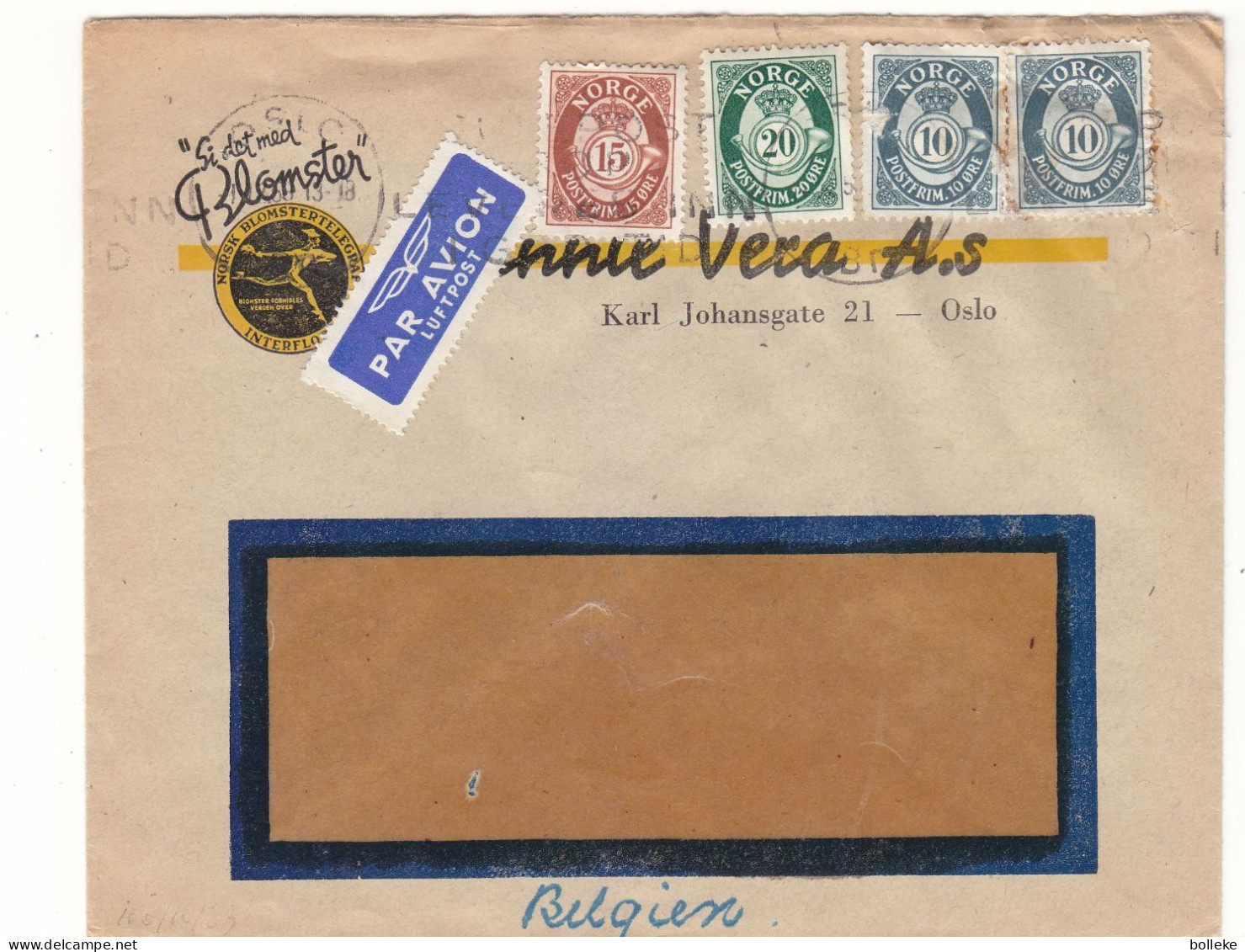 Norvège - Lettre De 1963 ? - GF - Oblit Oslo - Fleurs- Interflora - Avec Julien Vignette - - Lettres & Documents