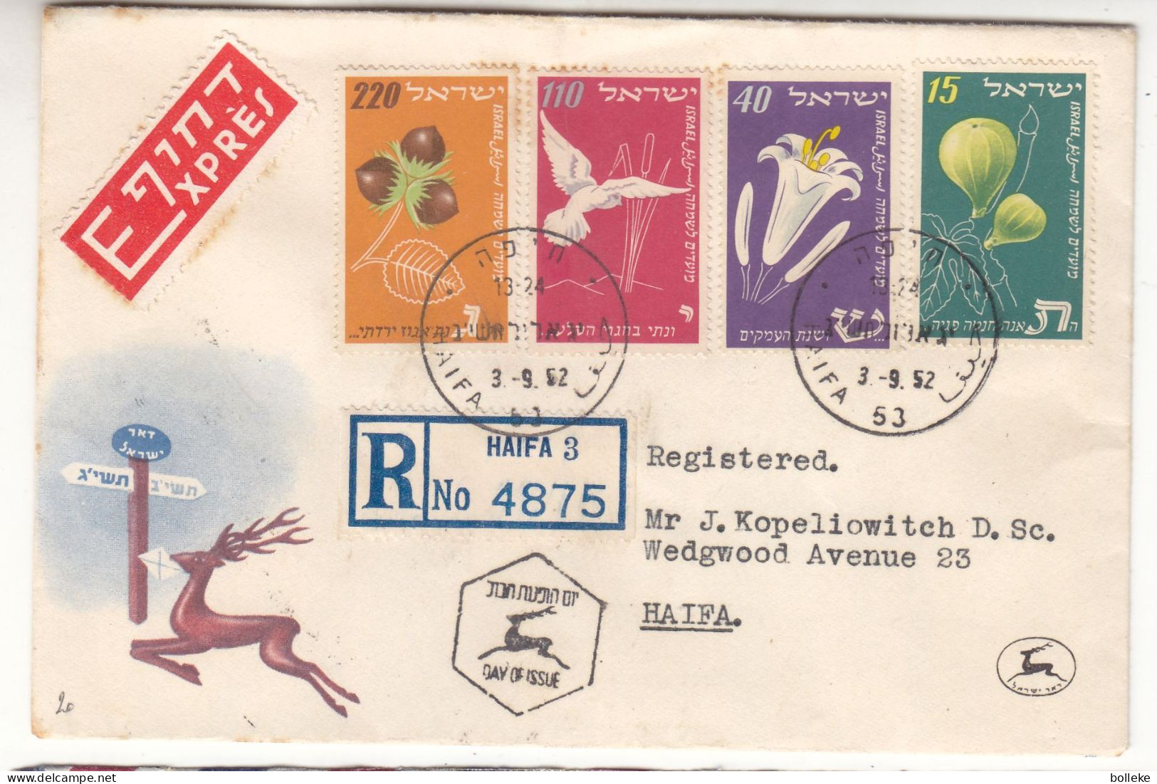 Nouvel An - Israël - Lettre Recom De 1952 - Oblit Haifa - Fleurs - Oiseaux - - Covers & Documents