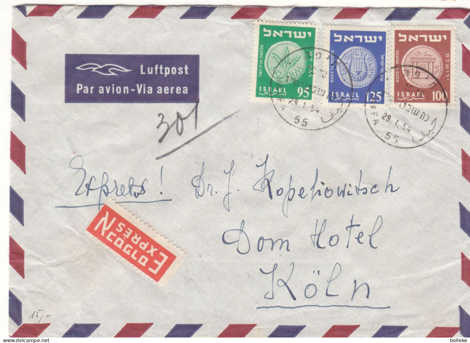 Israël - Lettre Exprès De 1954 - Oblit Haifa - Monnaies - Exp Vers Köln - Cachet Train - - Covers & Documents