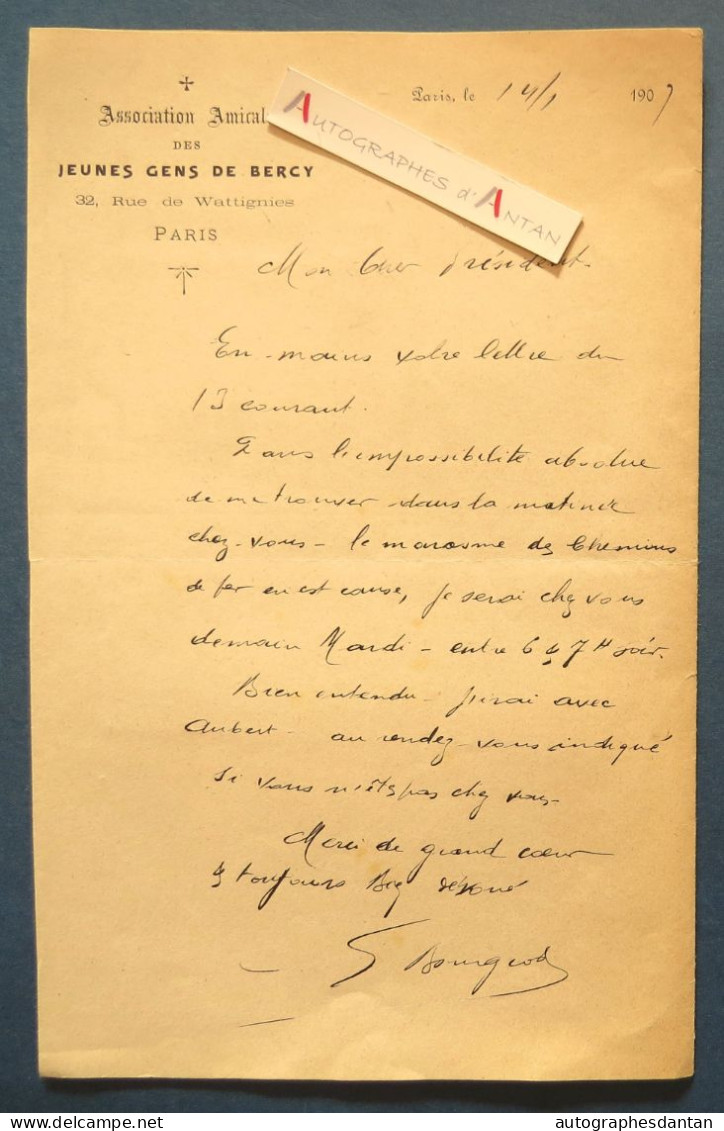 ● L.A.S 1907 S. BOURGEOT - Association Amicale Des Jeunes Gens De BERCY - Marasme Des Chemins De Fer - Lettre - Ecrivains