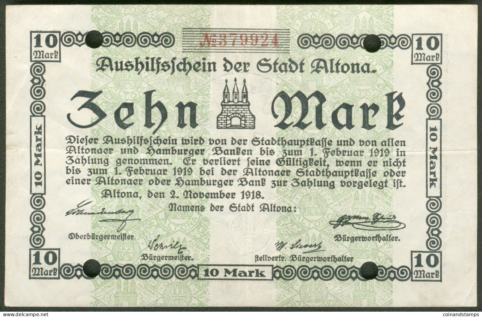 Altona Aushilfsschein 10 Mark 2 Nov. 1918 Rote Kenn Nr.379924(6stellig) Entwertet Durch Lochung, III - 10 Mark
