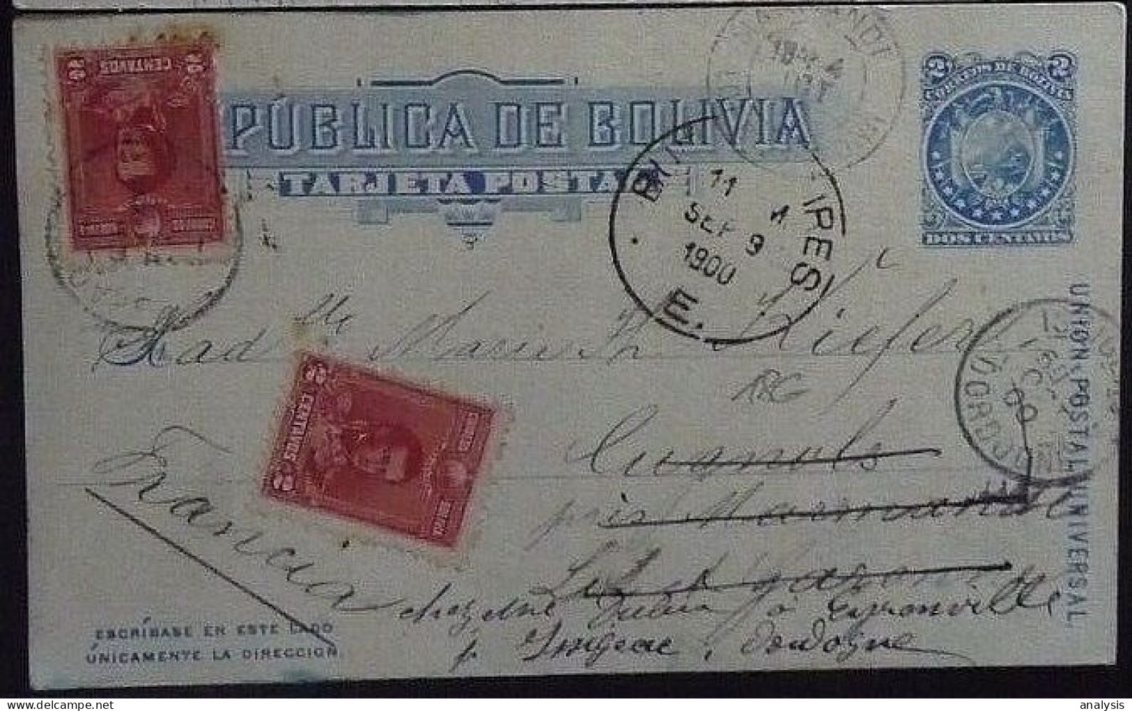 Bolivia Sucre Uprated 2c Picture Postal Stationery Card Mailed To France 1900 - Bolivia