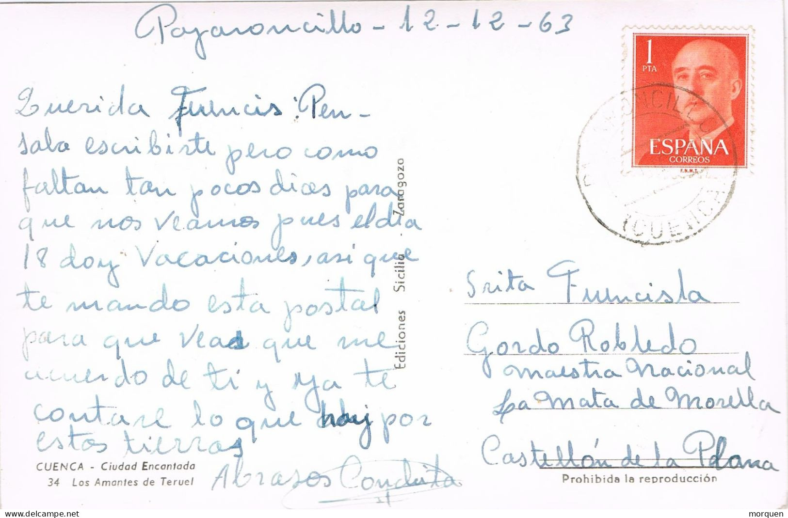 54400. Postal PAJARONCILLO (Cuenca) 1963. Raro Origen . Vista Ciudad Encantada - Cartas & Documentos