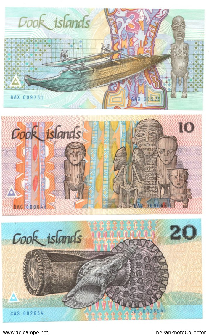 Cook Islands 3 -10-20 Dollars ND 1987 Set UNC *Scarce* - Cook Islands