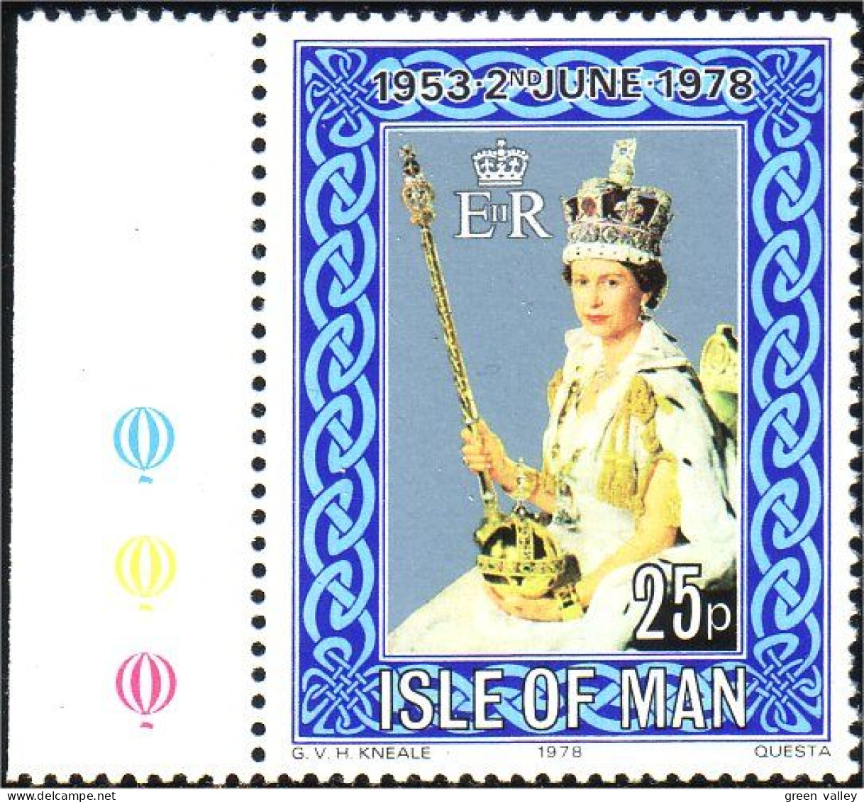 590 Man 25th Coronation QEII Couronnement Tricolore Gauche Left MNH ** Neuf SC (MAN-20a) - Isle Of Man