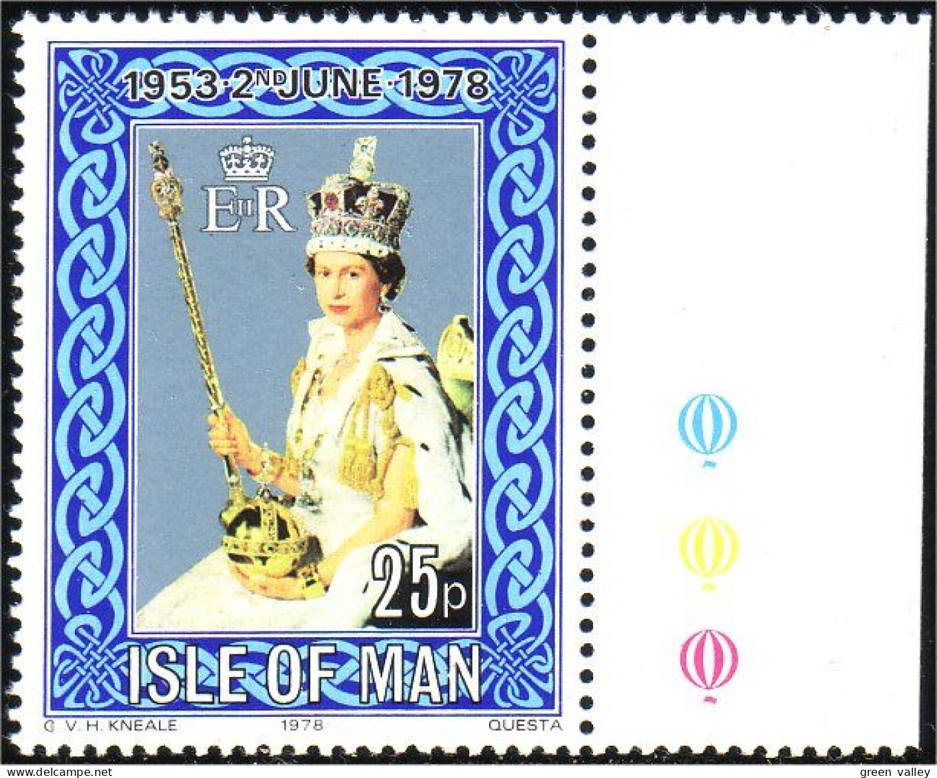 590 Man 25th Coronation QEII Couronnement Tricolore Droite Right MNH ** Neuf SC (MAN-21a) - Isle Of Man