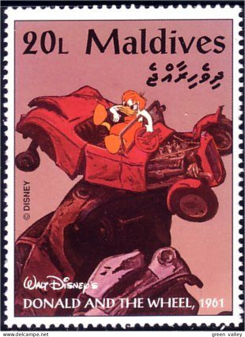 612 Iles Maldives Disney Donald Car Accident Voiture MNH ** Neuf SC (MLD-50c) - Préhistoire
