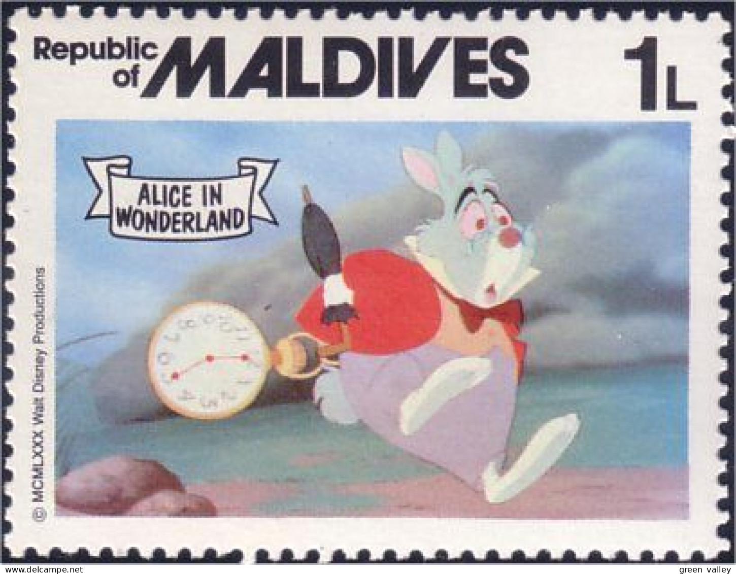 612 Disney Iles Maldives Alice Rabbit Lapin Clock Montre Parapluie Ombrella MNH ** Neuf SC (MLD-39b) - Disney