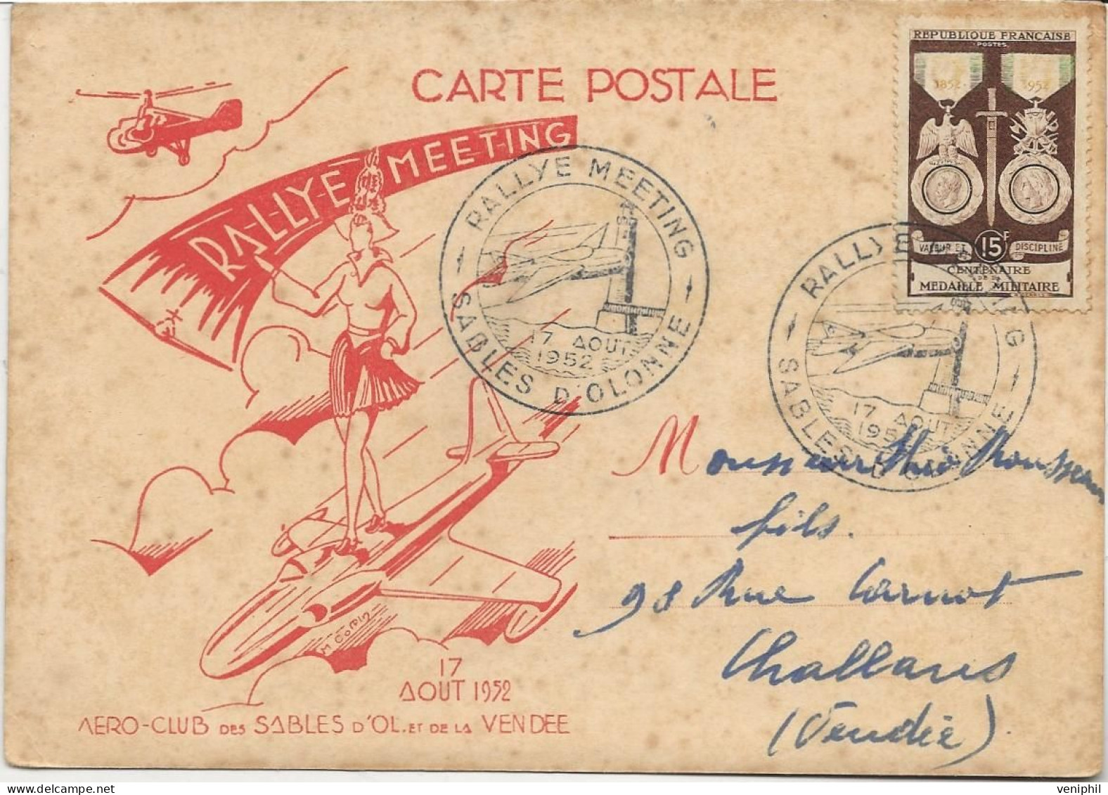 VENDEE -CARTE RALLYE MEETING  SABLES D'OLONNE -17 AOUT 1952 - AFFRANCHIE N°927 - Commemorative Postmarks