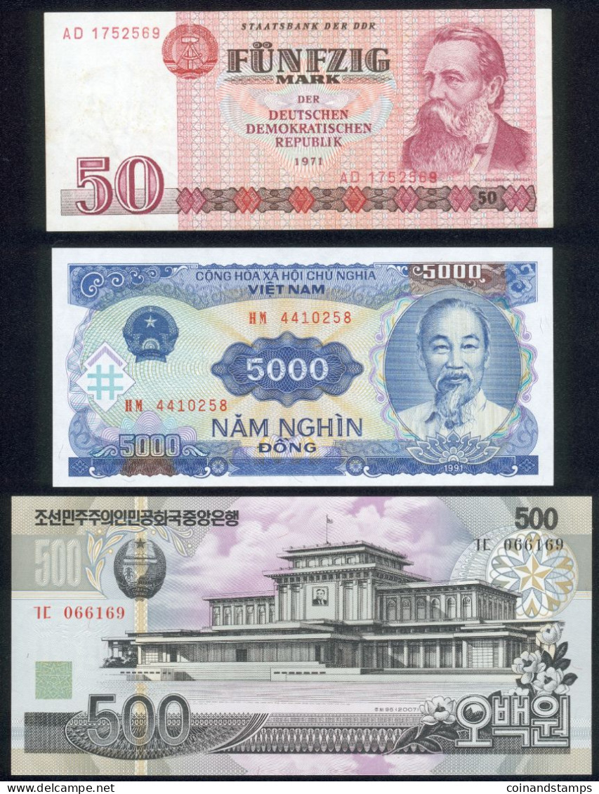 Vietnam, Nordkorea, DDR Lot Mit 3 Banknoten, 1x I-II, 2x I - Viêt-Nam