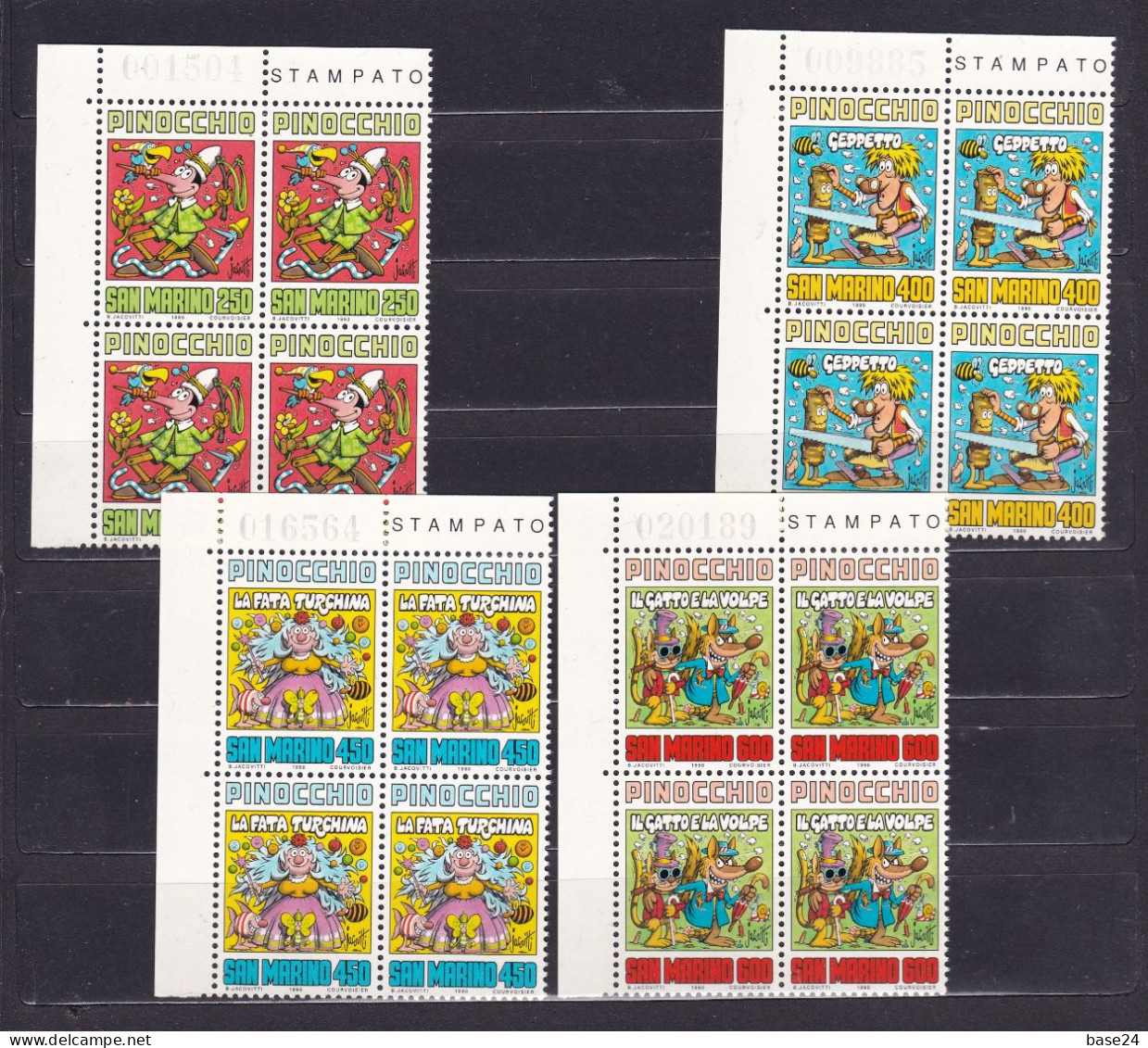 1990 San Marino Saint Marin PINOCCHIO, OMAGGIO A COLLODI 4 Serie Di 4 Valori MNH** Quartina Block 4 DISEGNO DI JACOVITTI - Unused Stamps