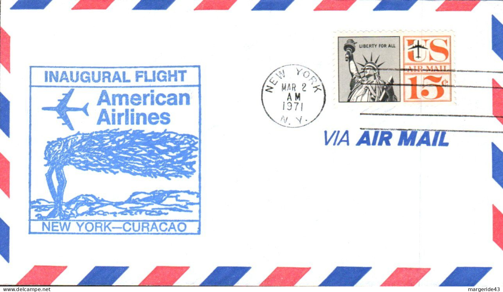 USA ETATS UNIS VOL INAUGURAL AMERICAN AIRLINES 747 NEW YORK-CURACAO 1971 - FDC