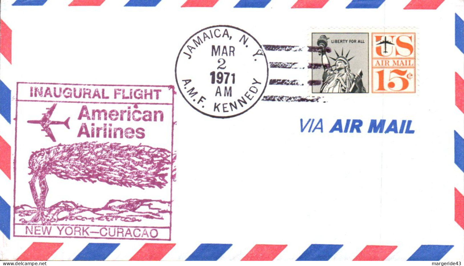 USA ETATS UNIS VOL INAUGURAL AMERICAN AIRLINES 747 NEW YORK-CURACAO 1971 - Sobres De Eventos