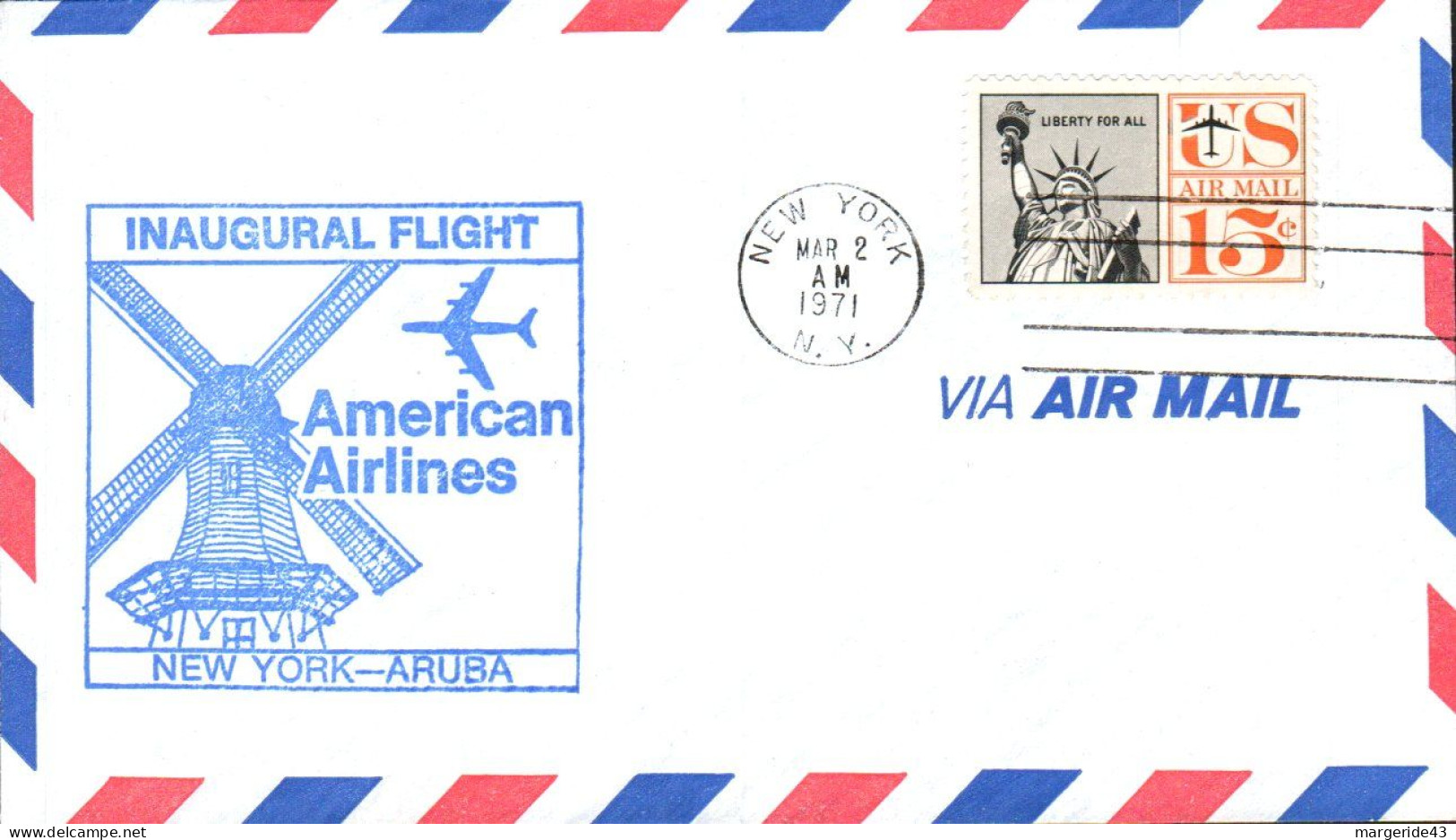 USA ETATS UNIS VOL INAUGURAL AMERICAN AIRLINES 747 NEW YORK-ARUBA 1971 - FDC