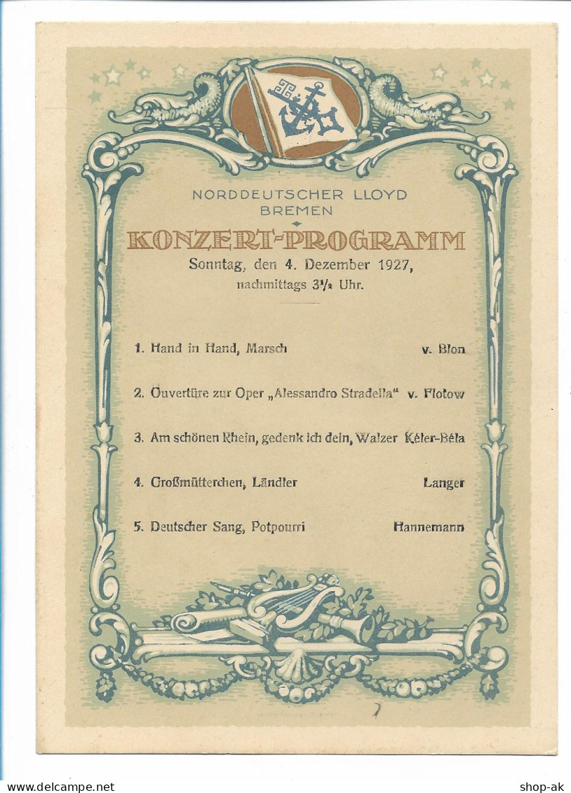 C4278/ Norddeutscher Lloyd Bremen  Konzert-Programm 4.12.1927  - Autres & Non Classés
