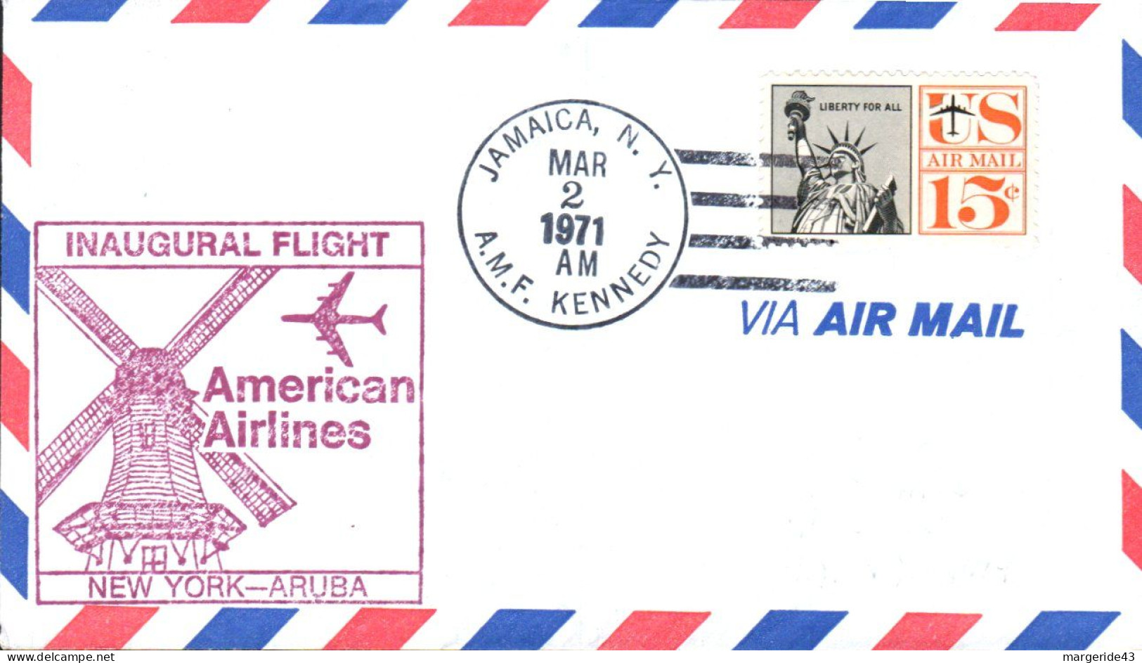 USA ETATS UNIS VOL INAUGURAL AMERICAN AIRLINES 747 NEW YORK-ARUBA 1971 - FDC