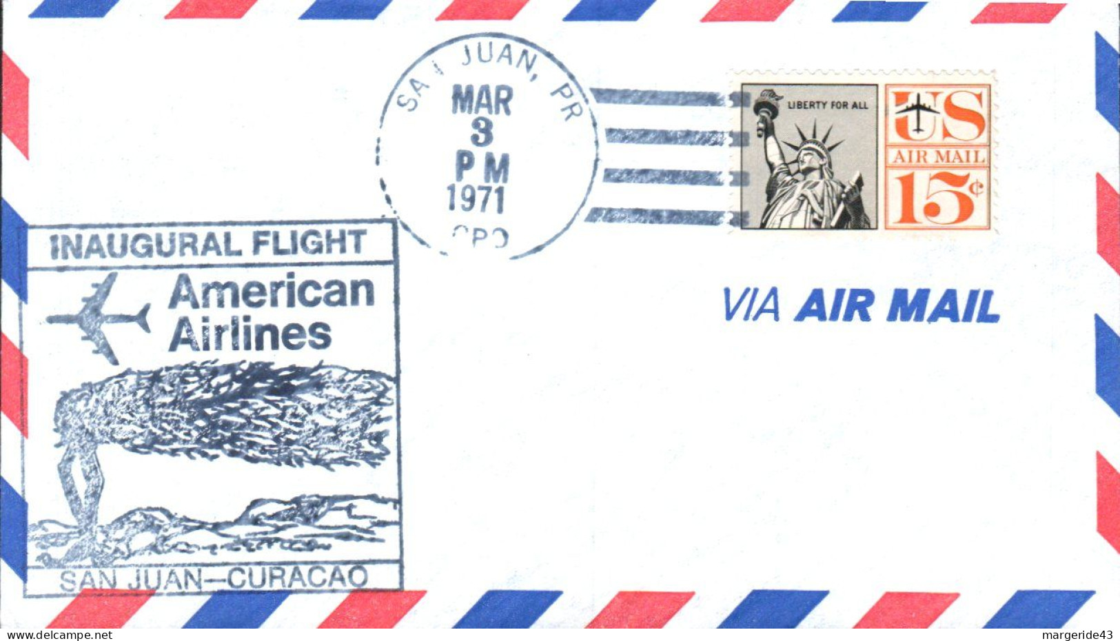 USA ETATS UNIS VOL INAUGURAL AMERICAN AIRLINES 747 NEW YORK-CURACAO 1971 - FDC