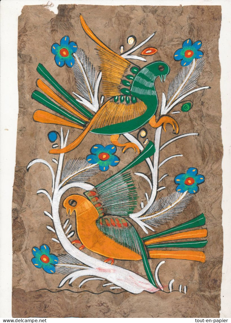 Peinture Originale Sur Papier Amate ( écorce D'arbre) Art Mexicain Mexique - Oiseau Oiseaux Bird - Pop Art