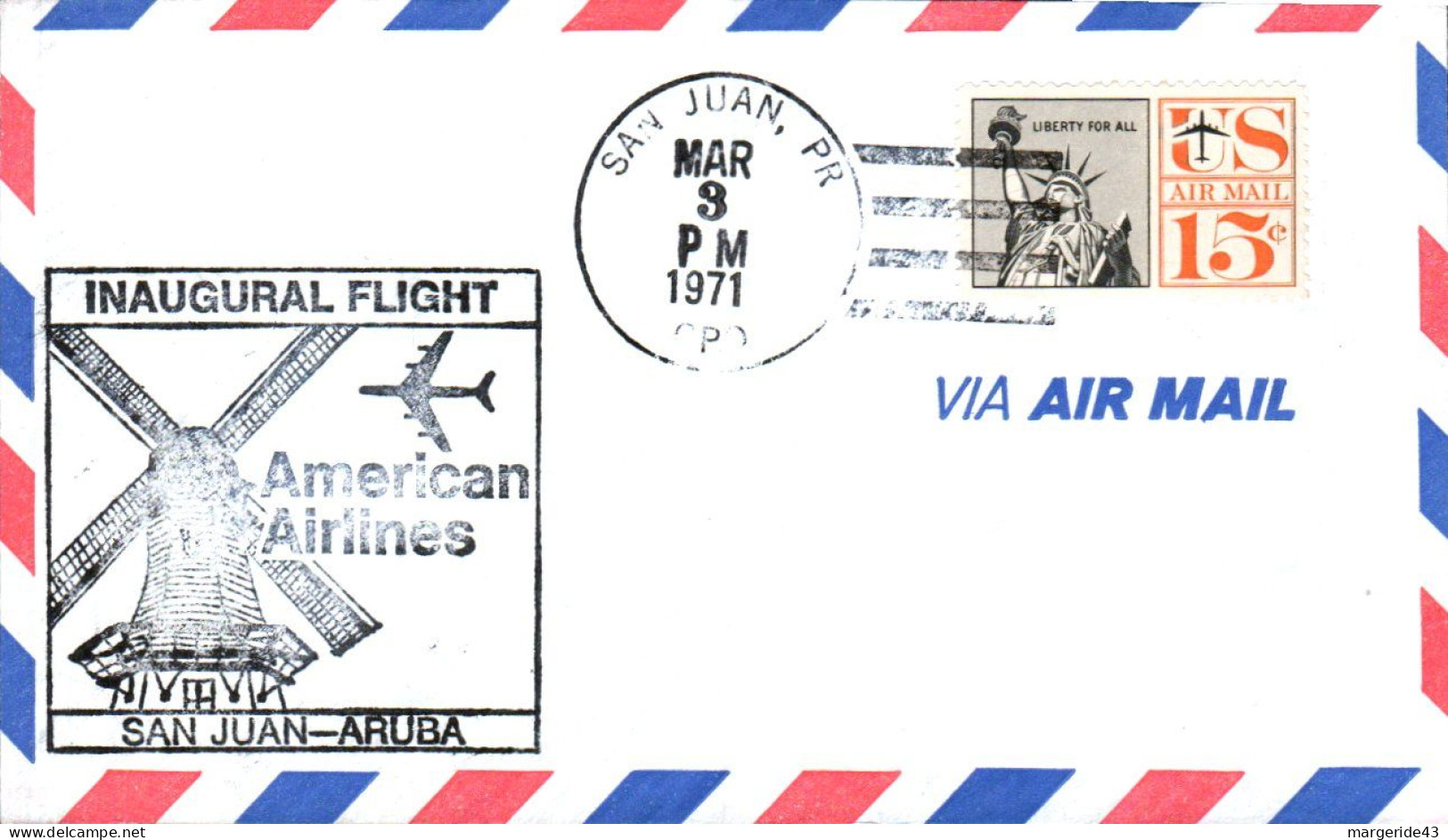 USA ETATS UNIS VOL INAUGURAL AMERICAN AIRLINES 747 NEW YORK-ARUBA 1971 - FDC