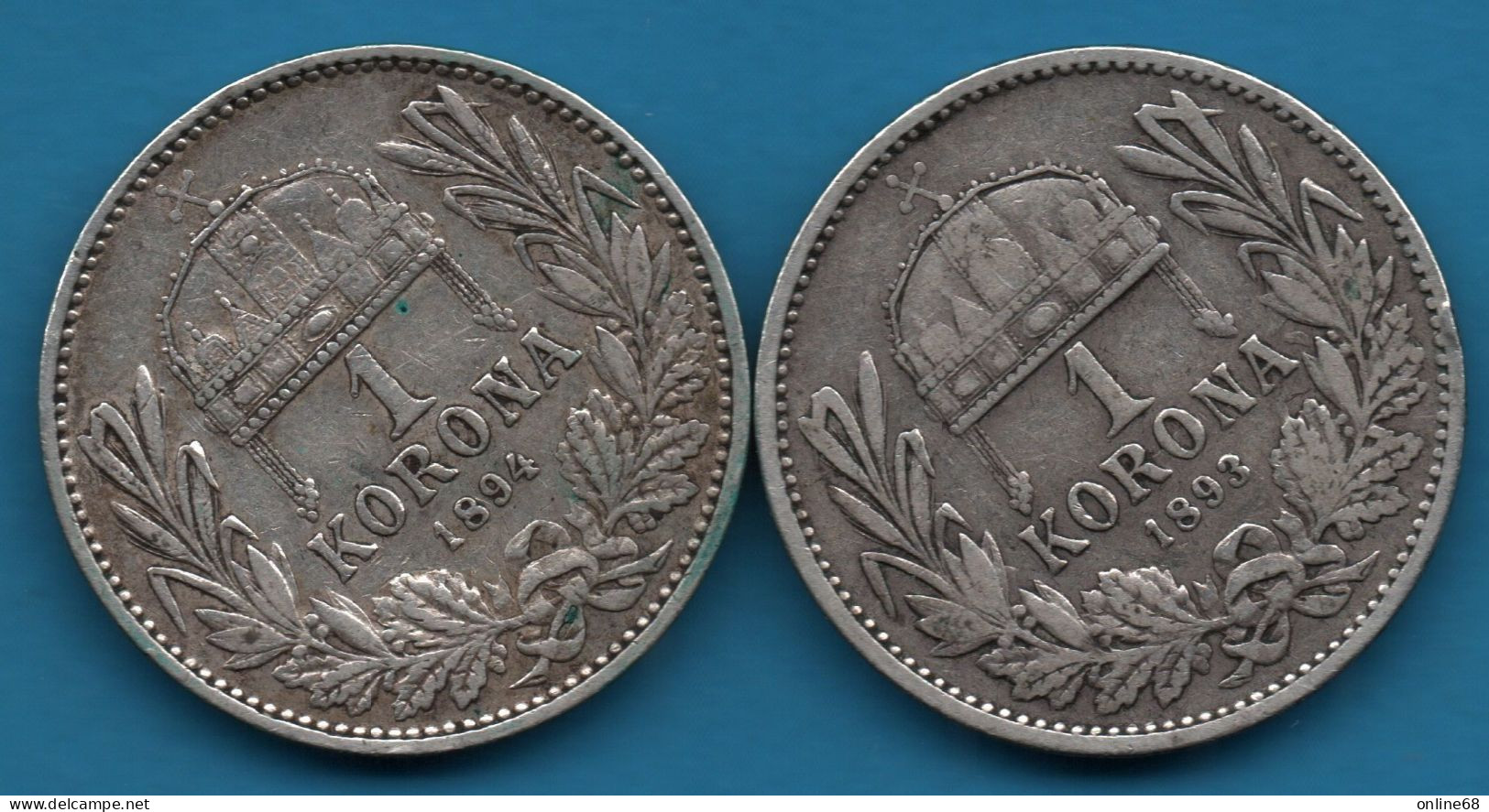 HUNGARY 2 X 1 KORONA 1893 + 1894 KM# 484 Argent 835‰ Silver Franz Joseph I FERENCZ JÓZSEF I - Hongrie