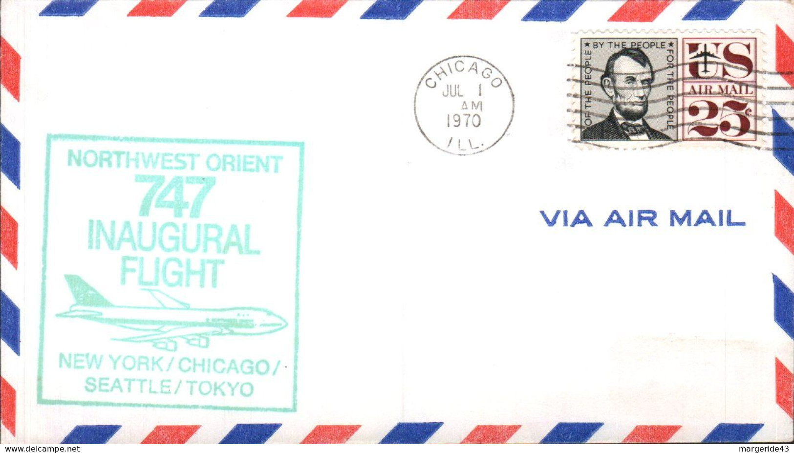 USA ETATS UNIS VOL INAUGURAL NORTHWEST ORIENT 747 NEW YORK-CHICAGO-SEATTLE-TOKYO 1970 - Enveloppes évenementielles