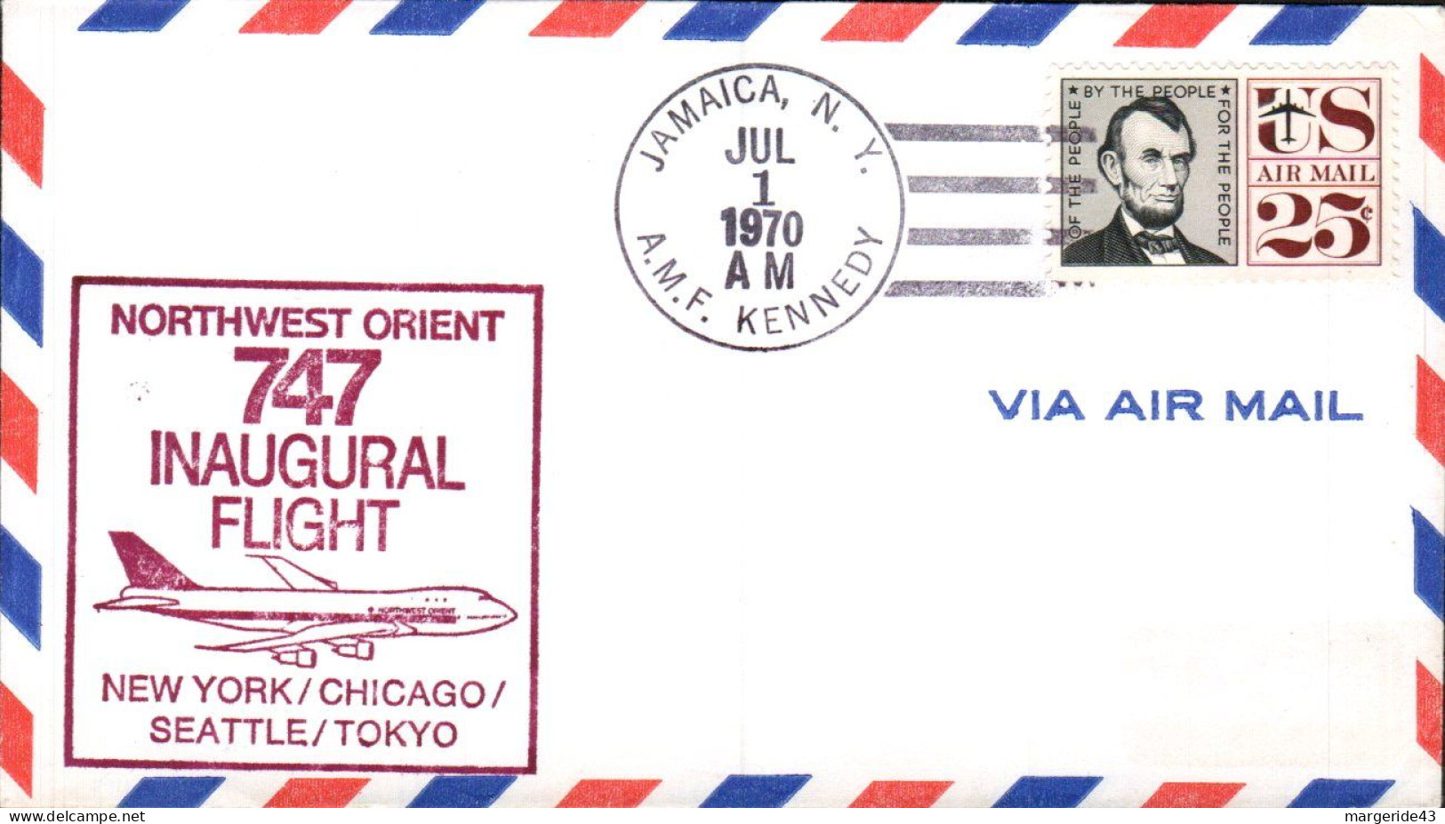 USA ETATS UNIS VOL INAUGURAL NORTHWEST ORIENT 747 NEW YORK-CHICAGO-SEATTLE-TOKYO 1970 - Sobres De Eventos