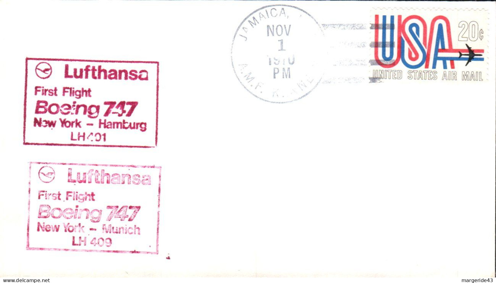 USA ETATS UNIS 1 ER VOL LUFTHANSA  747 NEW YORK-HAMBURG 1970 - Sobres De Eventos