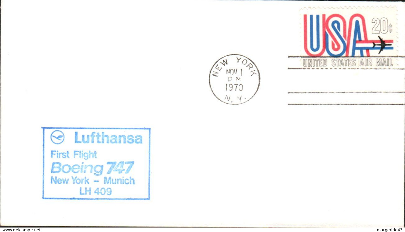 USA ETATS UNIS 1 ER VOL LUFTHANSA  747 NEW YORK-MUNICH 1970 - Enveloppes évenementielles