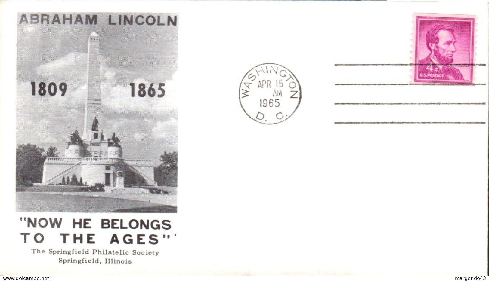 USA ETATS UNIS 1965 MONUMENT LINCOLN - Enveloppes évenementielles