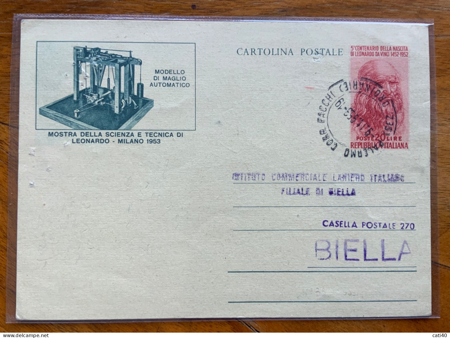 C.P. LEONARDO DA VINCI  20 L. (MAGLIO) USATA COME R.R. PALERMO 9/11/53 - Entiers Postaux