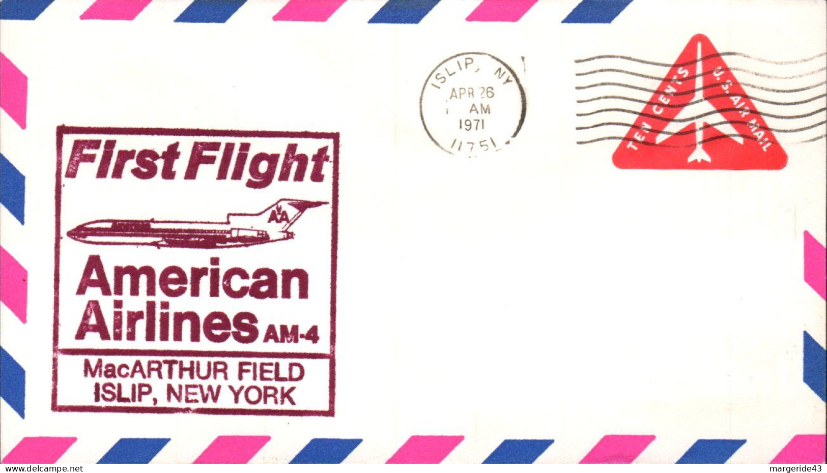 USA ETATS UNIS 1 ER VOL AMERICAN AIRLINES MAC ARTHUR FIELD-ISLIP -NEW YORK 1971 - Enveloppes évenementielles