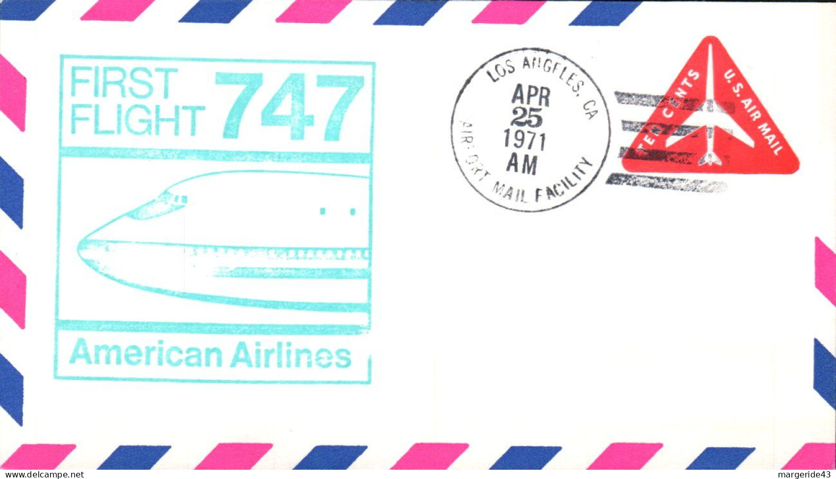 USA ETATS UNIS 1ER VOL 747 AMERICAN AIRLINE LOS ANGELES-DETROIT 1971 - FDC