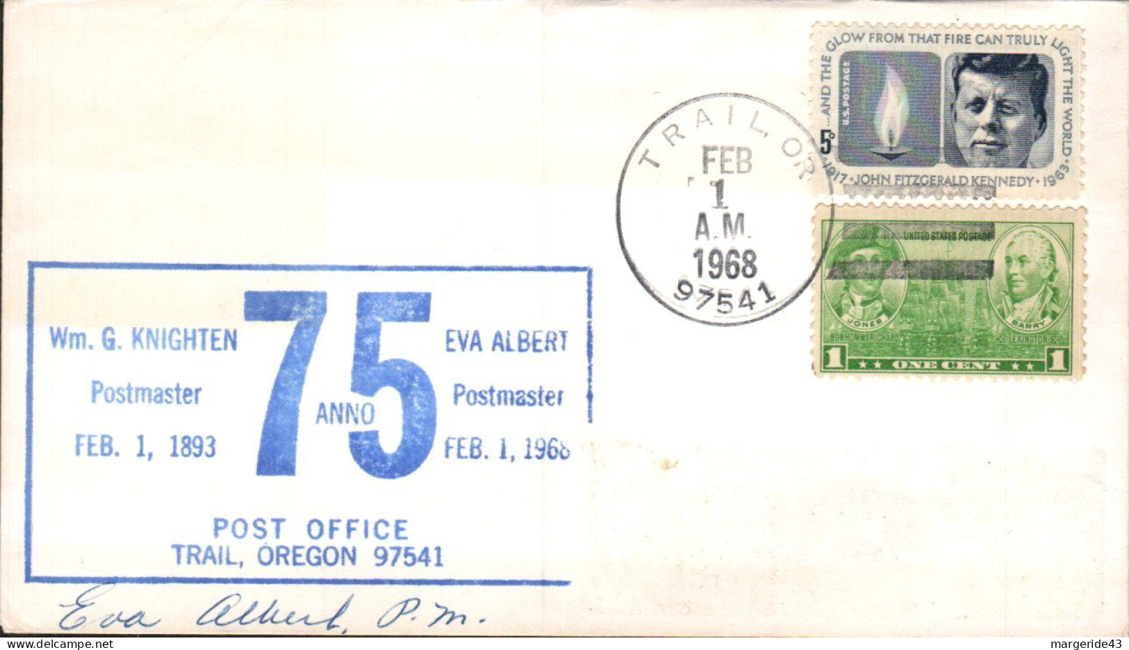 USA ETATS UNIS 75 BUREAU DE POSTE DE TRAI OREGON 1968 - Enveloppes évenementielles