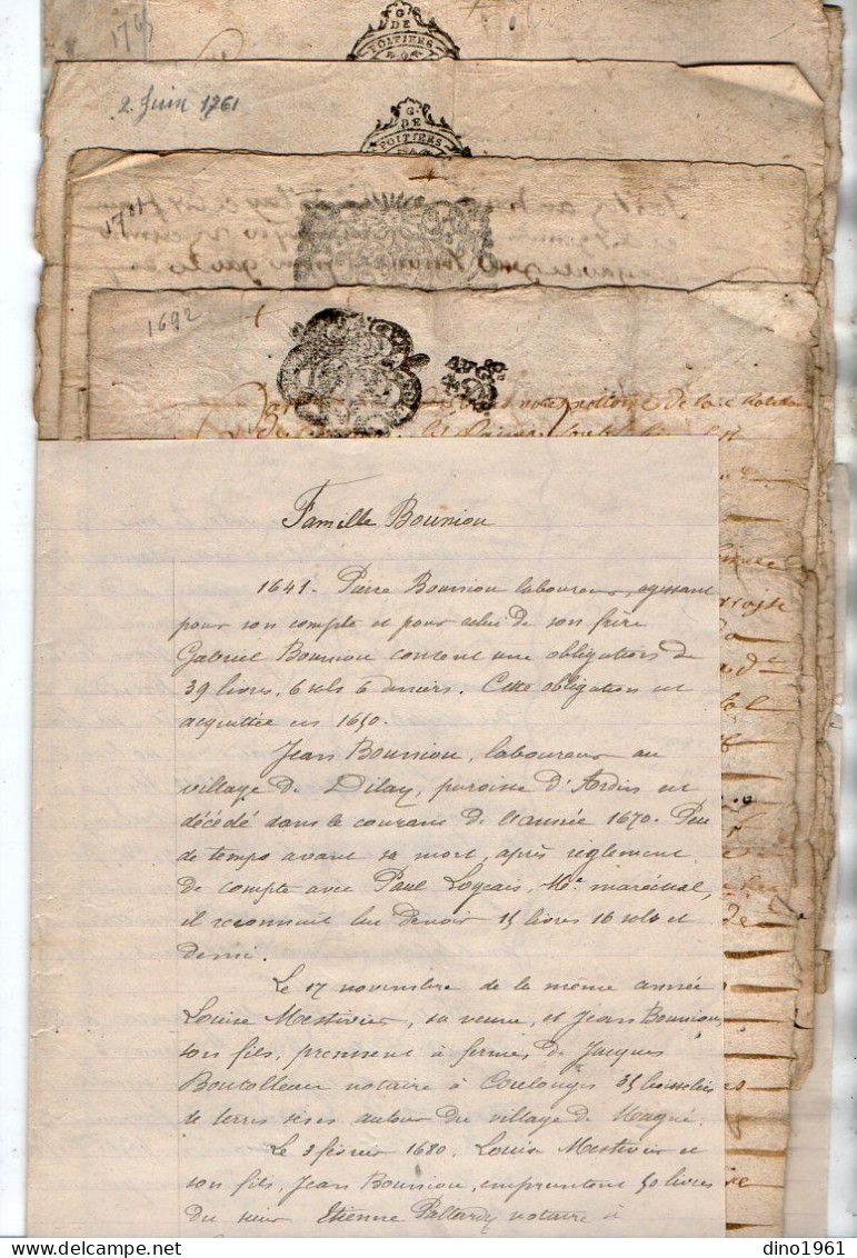 VP23.051 - Cachet Généralité De POITIERS - 5 Actes De 1692 / 1765 Et Autres - Famille BOUNIOU à Dilay ( ARDIN ) - Seals Of Generality