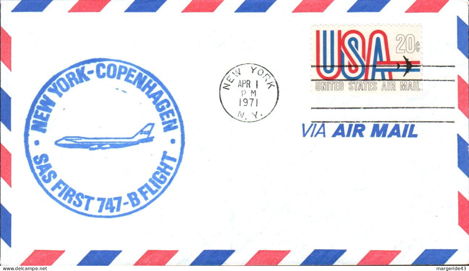 USA ETATS UNIS 1 ER VOL 747 SAS NEW YORK-COPENHAGEN 1971 - Schmuck-FDC