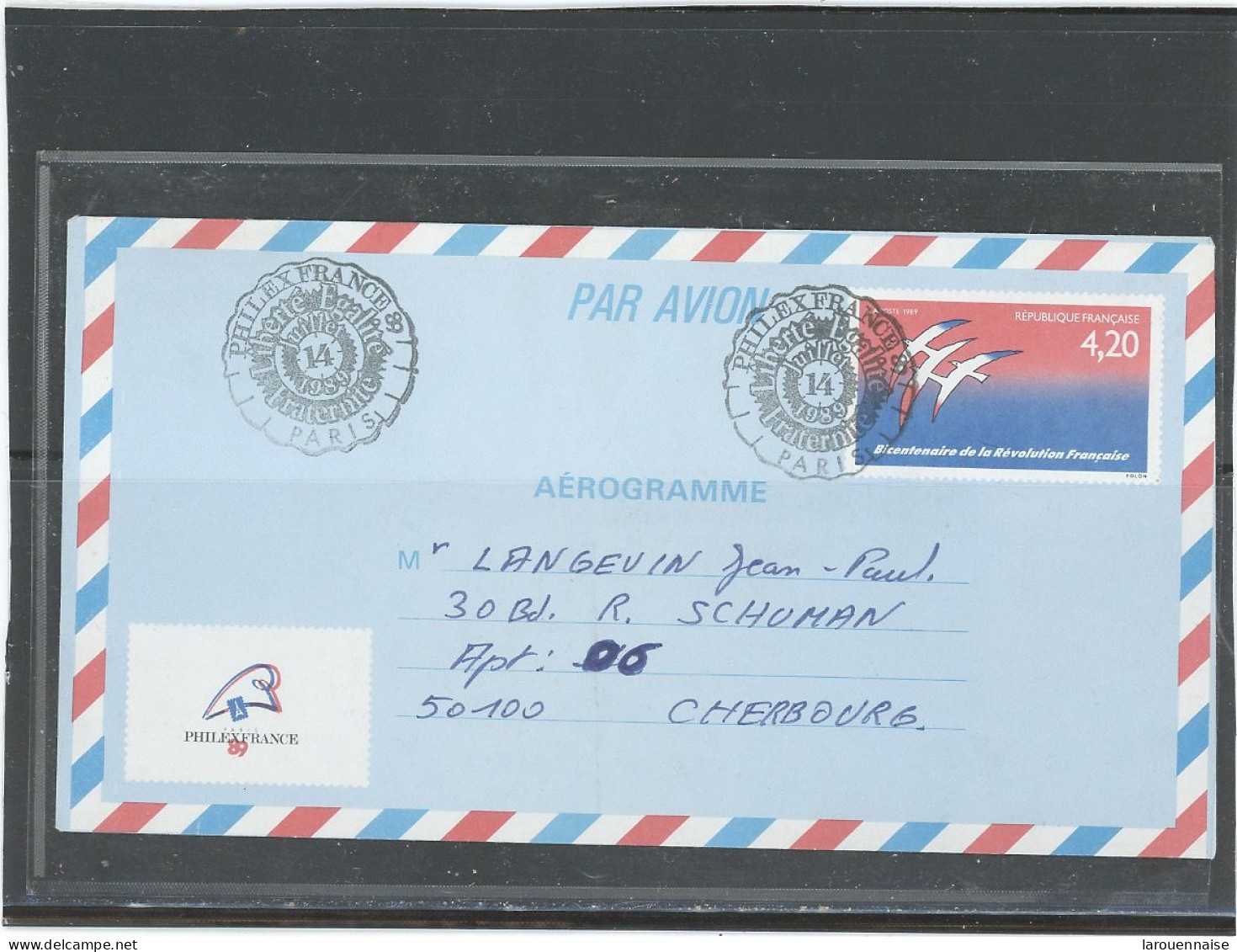 AEROGRAMME -N°1017A -AER -BICENTENAIRE DE LA REVOLUTION -BUREAU TEMPORAIRE PHILEXFRANCE  14-JUIL     1989 - Aerogramme