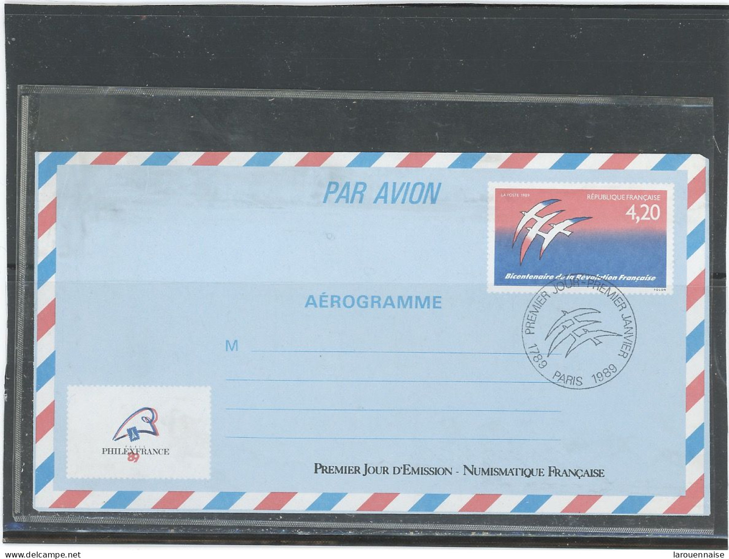 AEROGRAMME -N°1017 -AER -BICENTENAIRE DE LA REVOLUTION -BUREAU TEMPORAIRE -PARIS 1-JAN 1989 - Aerogramme