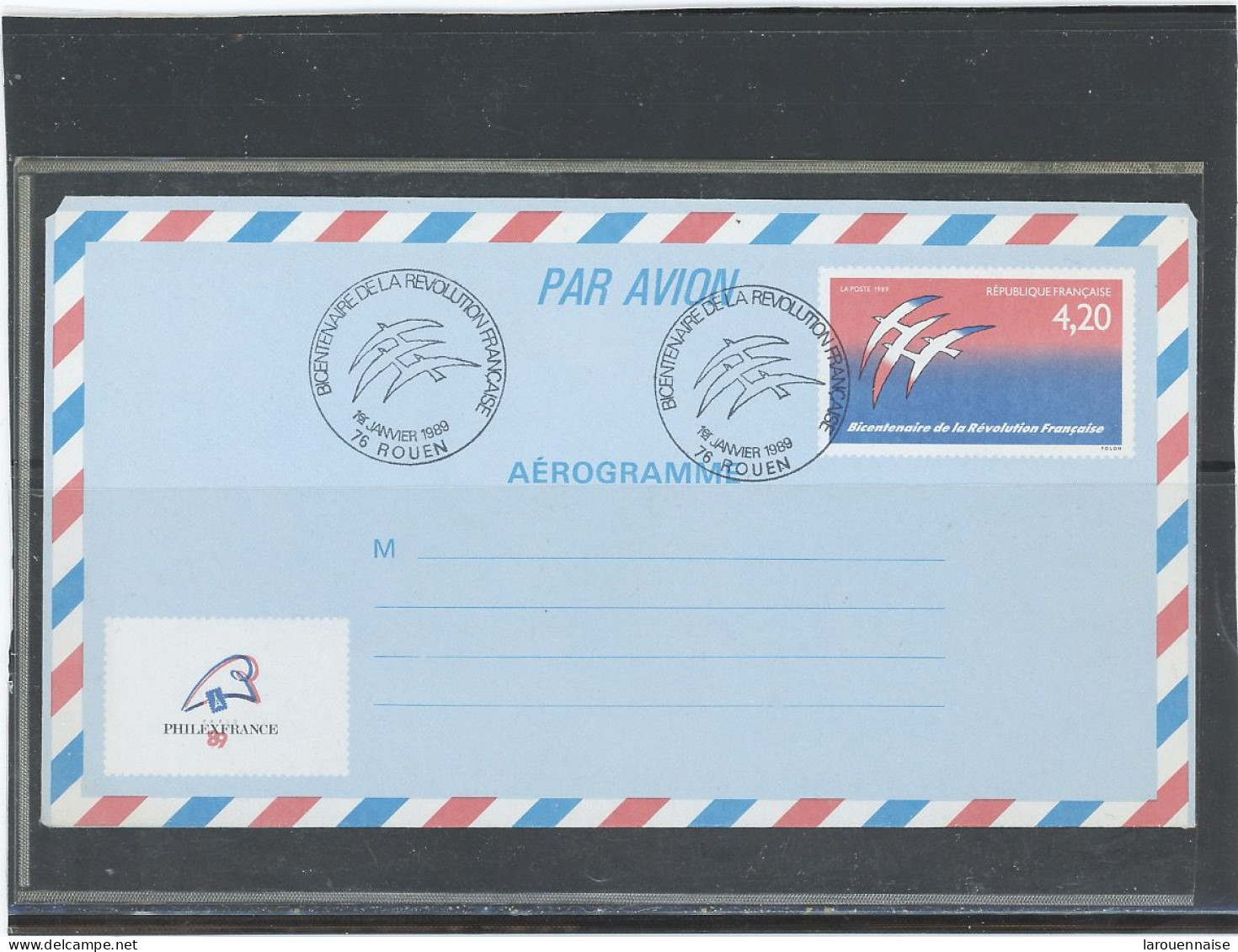 AEROGRAMME -N°1017 -AER -BICENTENAIRE DE LA REVOLUTION -BUREAU TEMPORAIRE -ROUEN 1-JAN 1989 - Luchtpostbladen