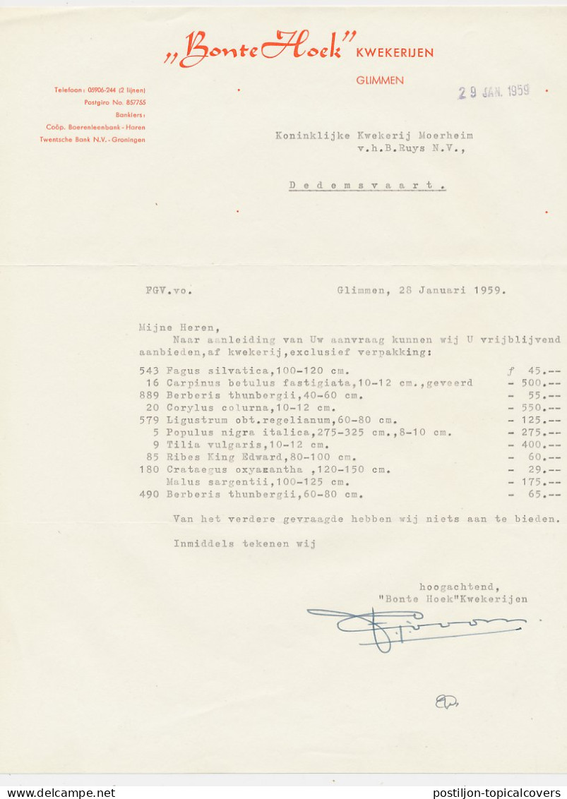 Brief Glimmen 1959 - Kwekerij - Pays-Bas
