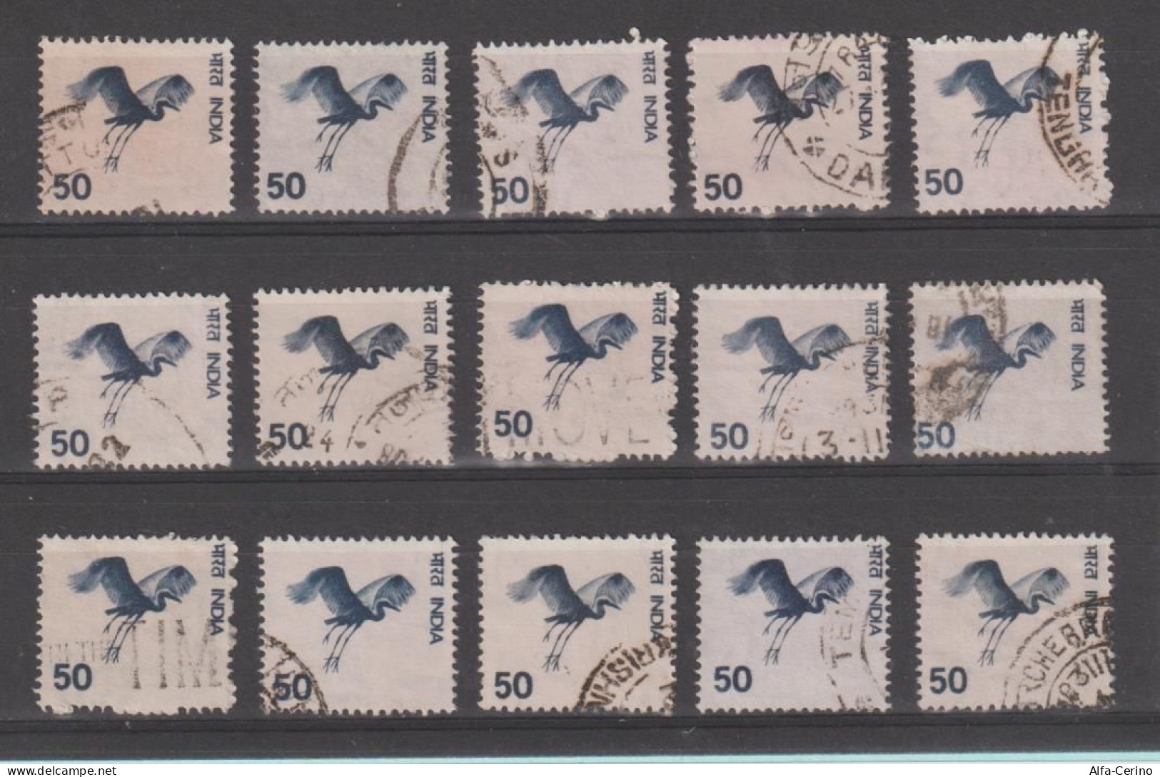 INDIA:  1975  GRU  IN  VOLO  -  50 P.  NERO  BLU  US. -  RIPETUTO  15  VOLTE  -  YV/TELL. 446 - Used Stamps