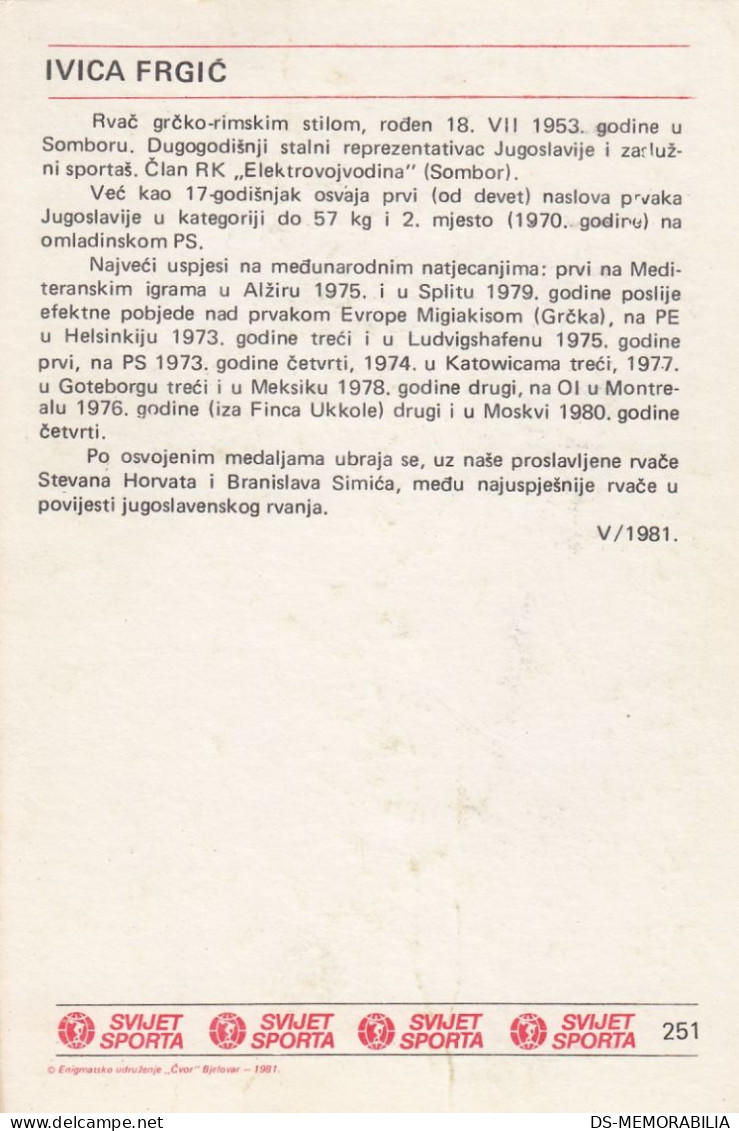 Wrestling Ivica Frgic From Sombor Yugoslavia Trading Card Svijet Sporta - Ringen