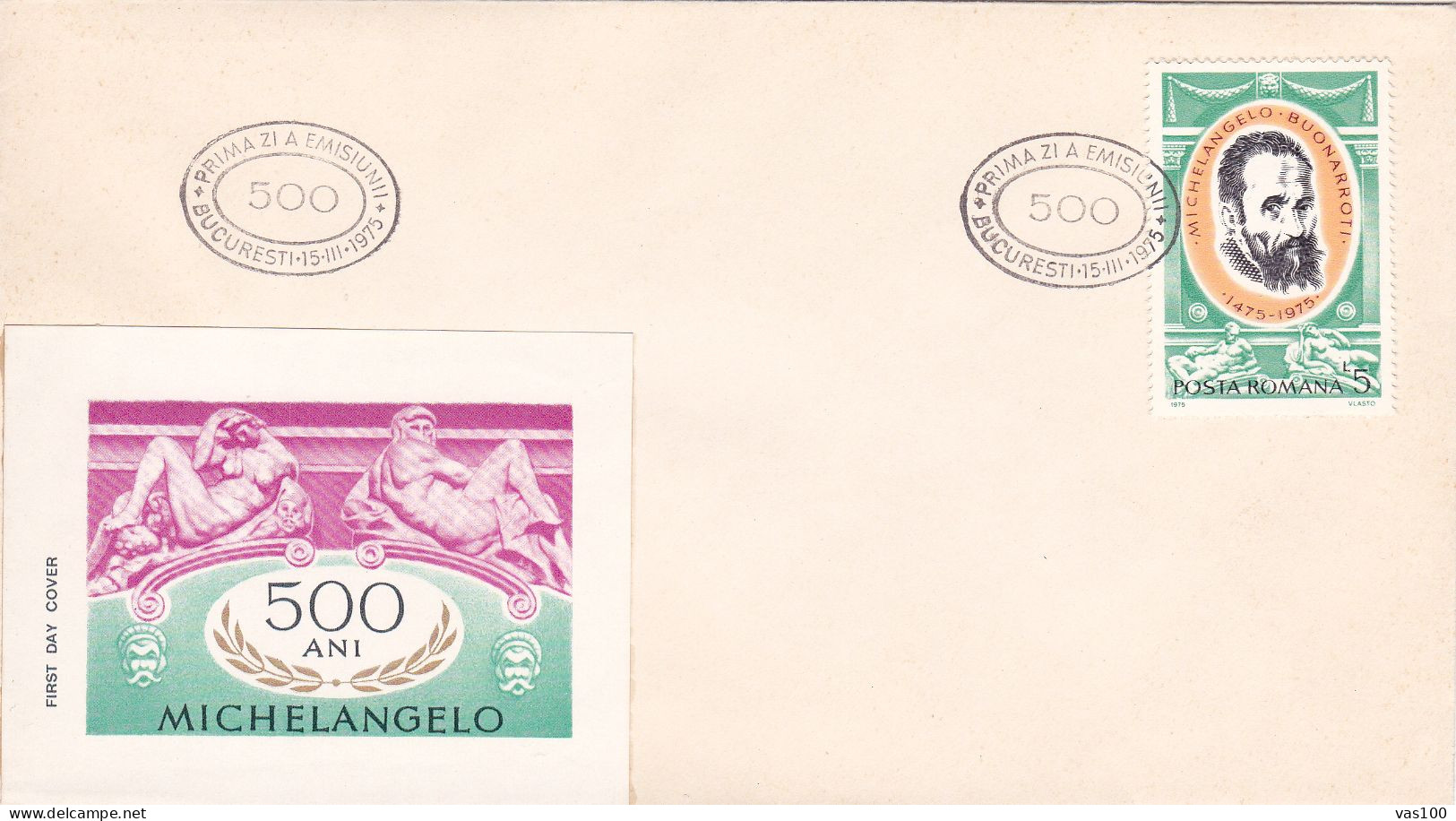 SCULPTOR AND PAINTER MICHELANGELO 1975 COVERS FDC ROMANIA - FDC