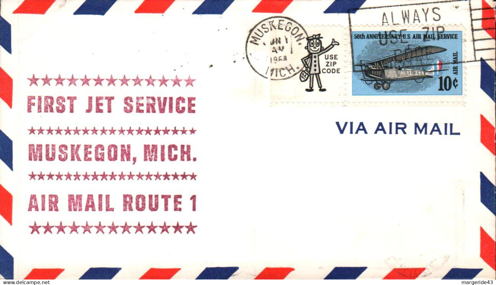 USA ETATS UNIS 1 ER VOL JET SERVICE POSTAL MUSKEGON MICHIGAN 1968 - Sobres De Eventos