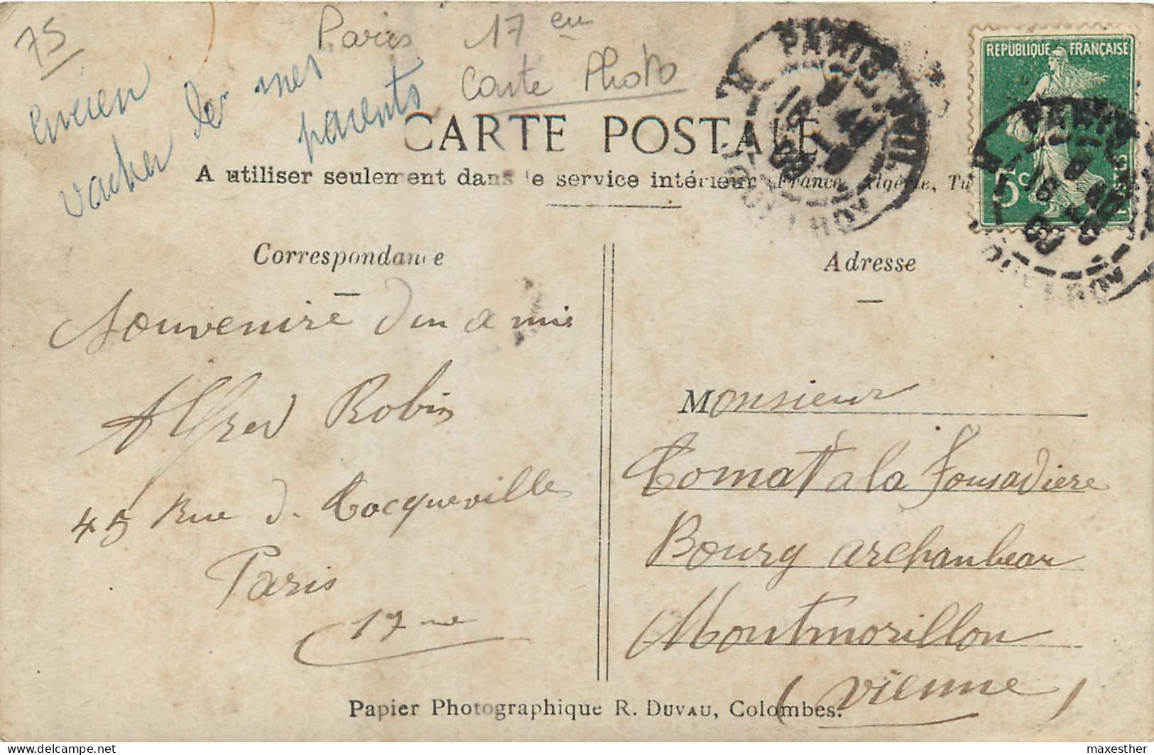 PARIS 17ème Véhicule Du Service Postal - CARTE PHOTO - Arrondissement: 17