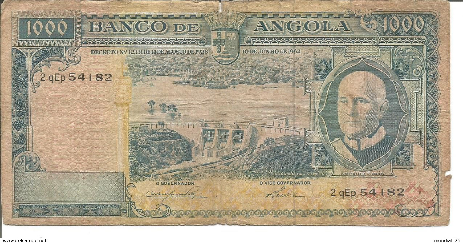 ANGOLA PORTUGAL 1.000$00 ESCUDOS 10/06/1962 - Angola
