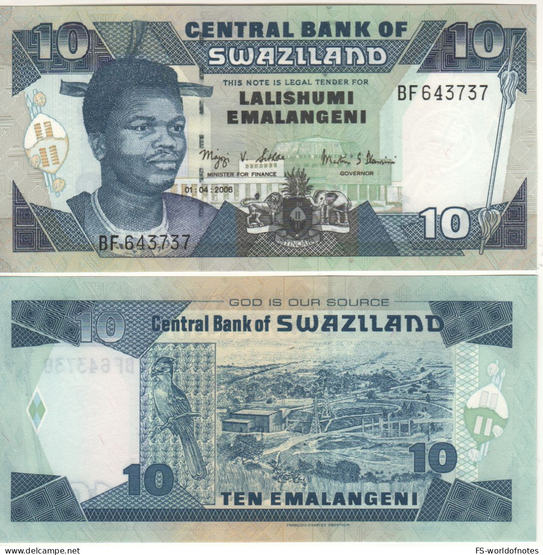 SWAZILAND 10  Emalangeni  P29c  Dated 01.04.2006     King Mswati III + Hydroelectric Dam At Back - Swaziland