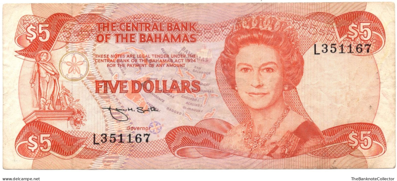 Bahamas Central Bank 5 Dollars 1974 (1984) P-45b Smith Signature  QEII - Bahama's